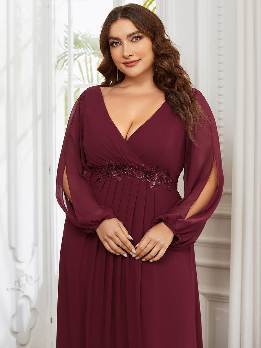 Plus Size Chiffon Empire Waist Maxi Dresses with Long Lantern Sleeves #color_Burgundy