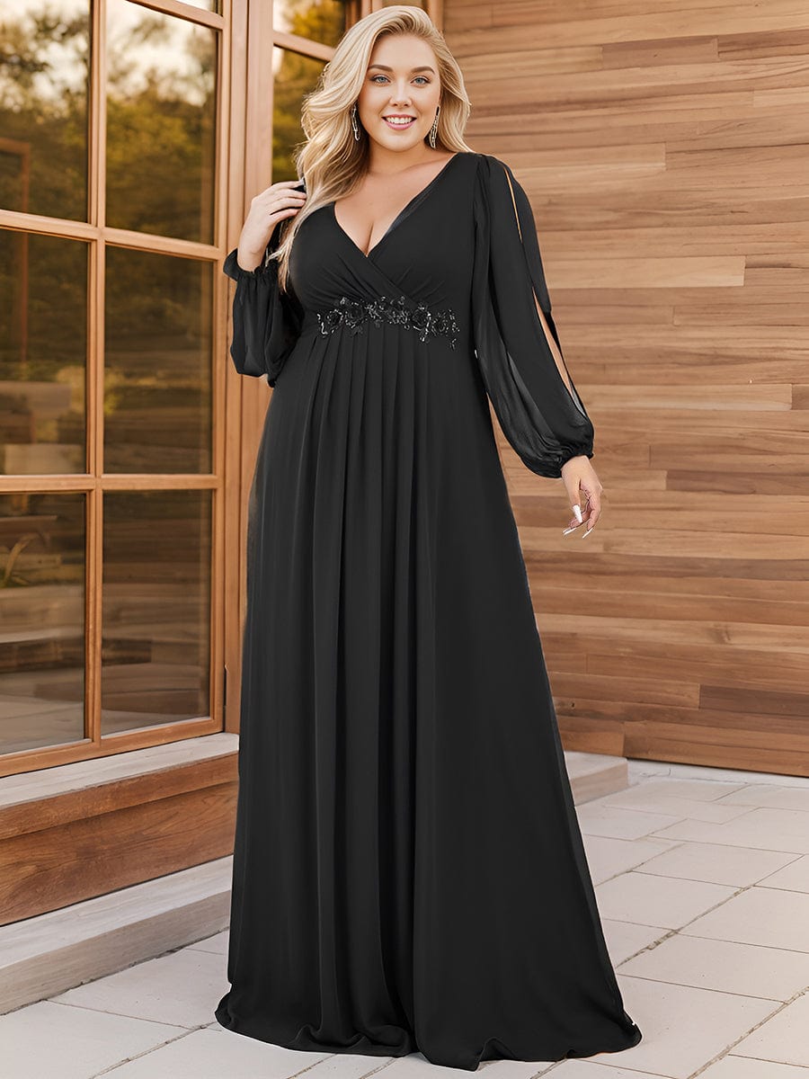 Plus Size Chiffon Empire Waist Maxi Dresses with Long Lantern Sleeves #color_Black