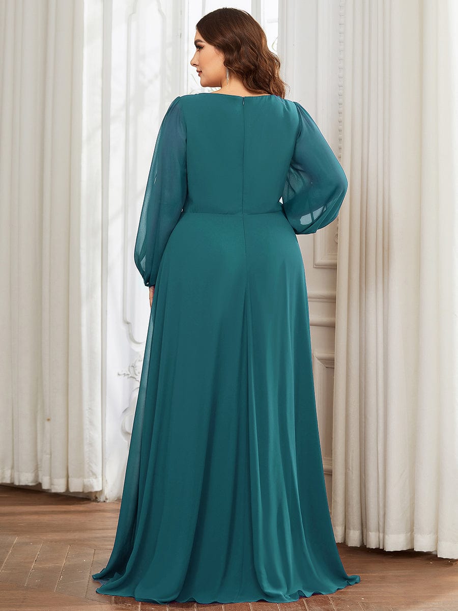 Plus Size Chiffon Empire Waist Maxi Dresses with Long Lantern Sleeves #color_Teal