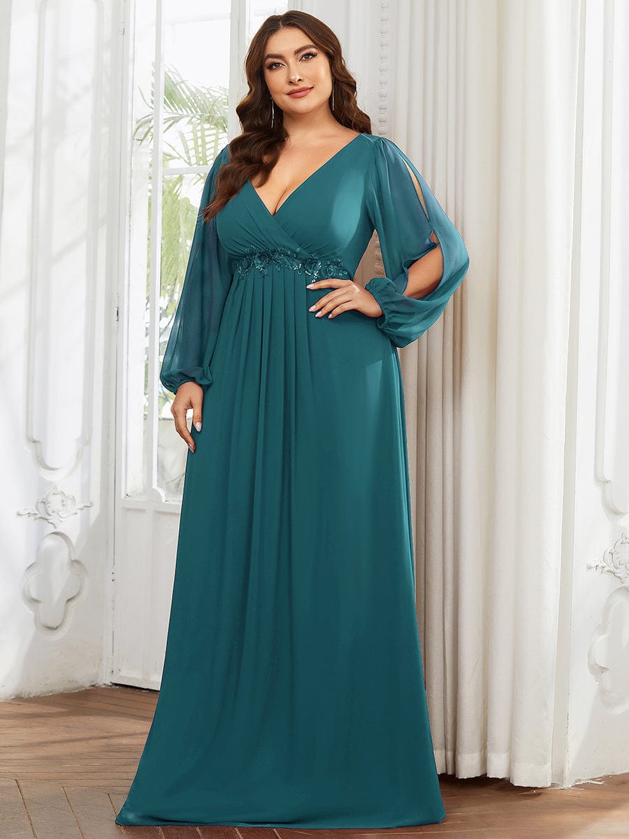 Plus Size Chiffon Empire Waist Maxi Dresses with Long Lantern Sleeves #color_Teal