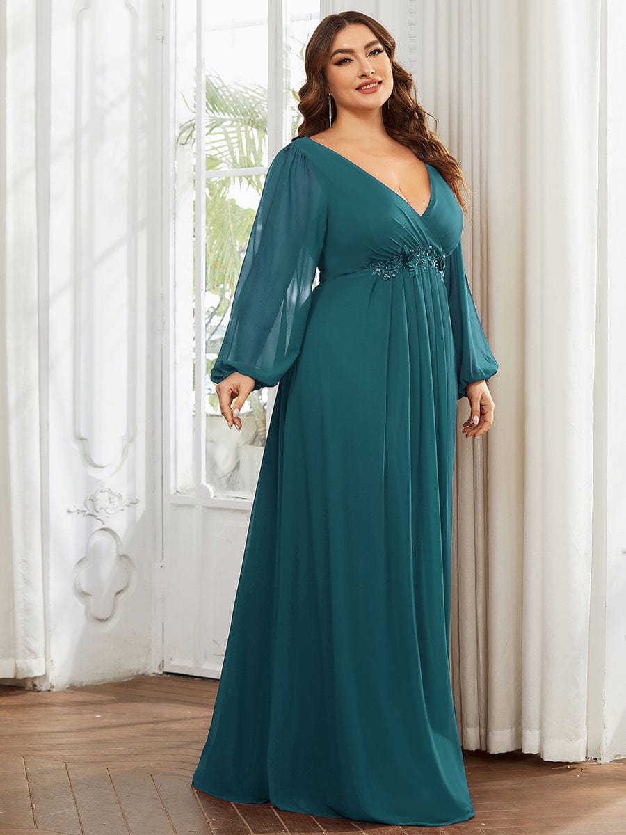 Plus Size Chiffon Empire Waist Maxi Dresses with Long Lantern Sleeves #color_Teal