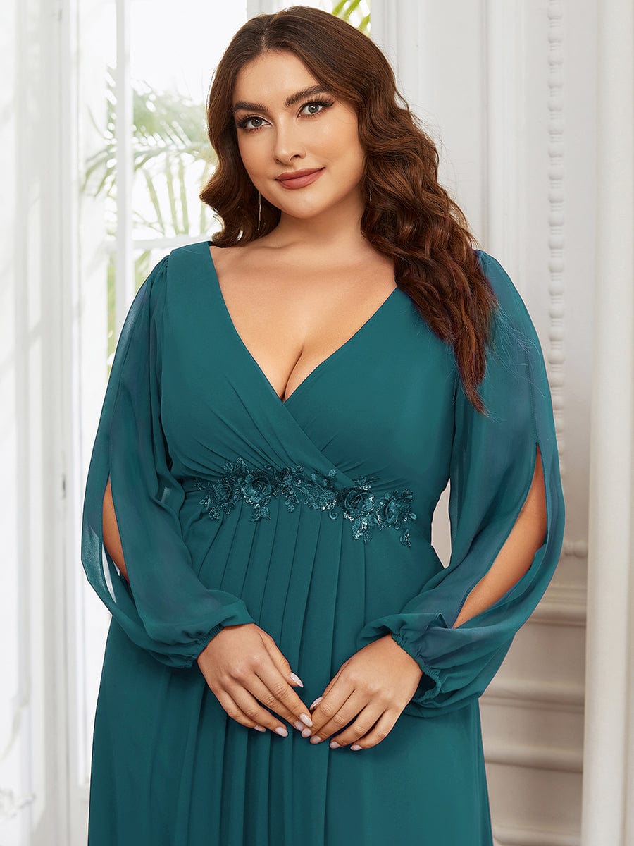 Plus Size Chiffon Empire Waist Maxi Dresses with Long Lantern Sleeves #color_Teal