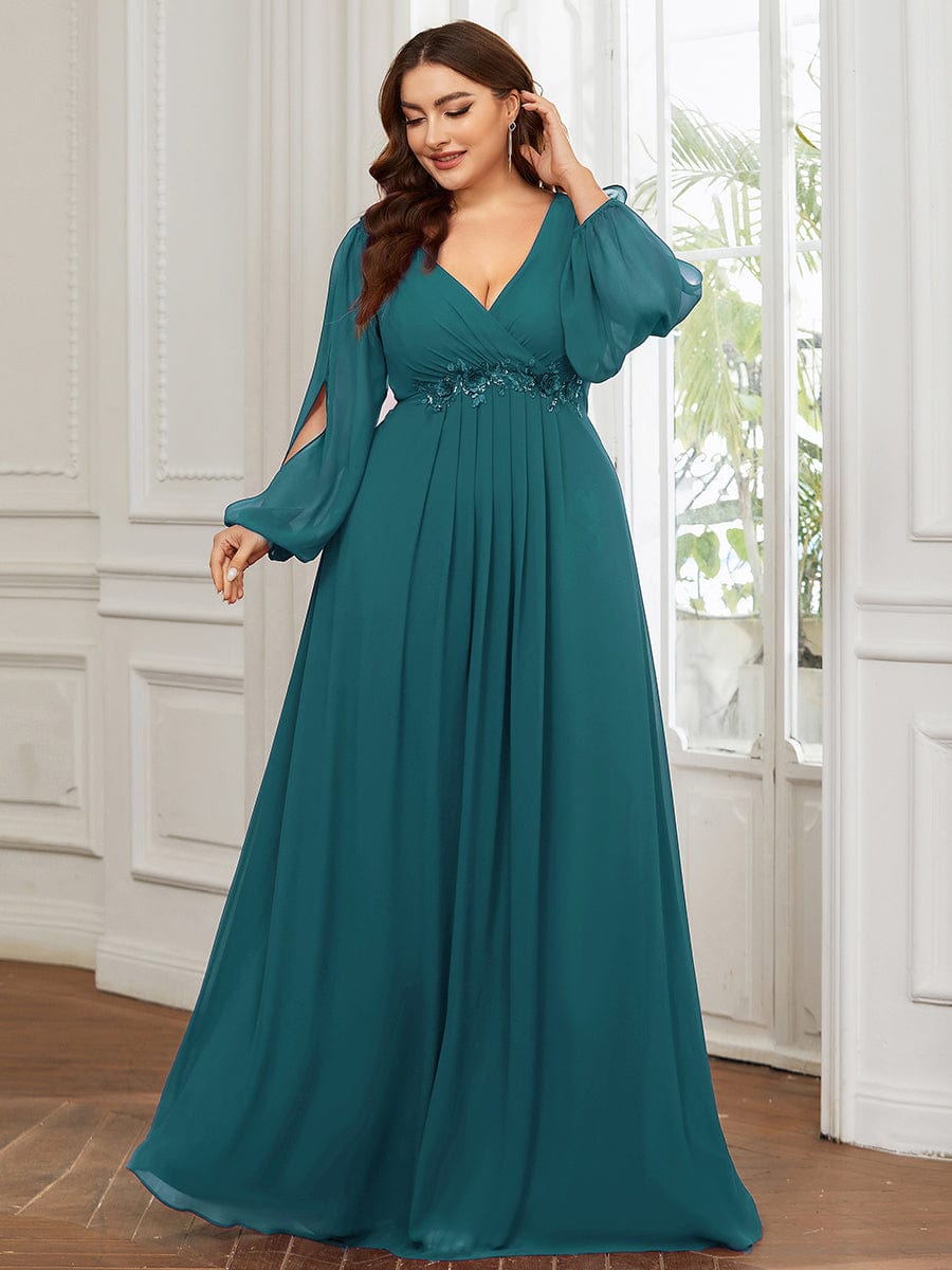 Plus Size Chiffon Empire Waist Maxi Dresses with Long Lantern Sleeves #color_Teal