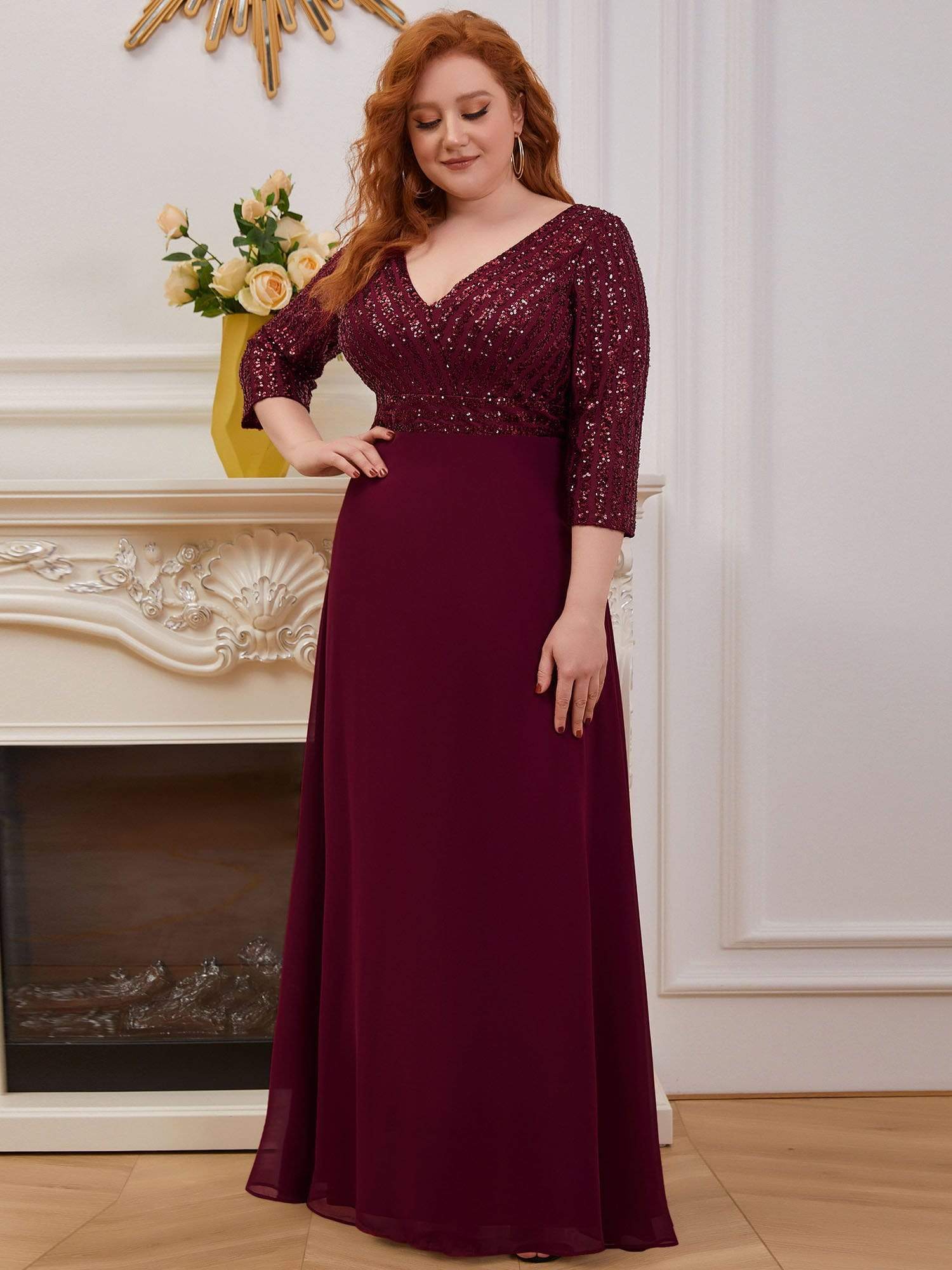 Plus Size V Neck Sequined Dress #color_Burgundy