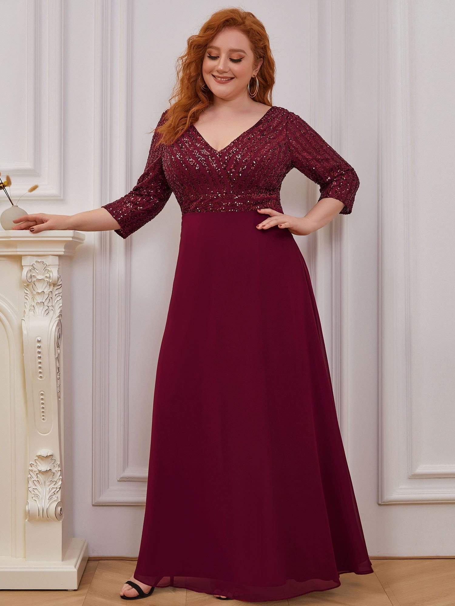 Plus Size V Neck Sequined Dress #color_Burgundy