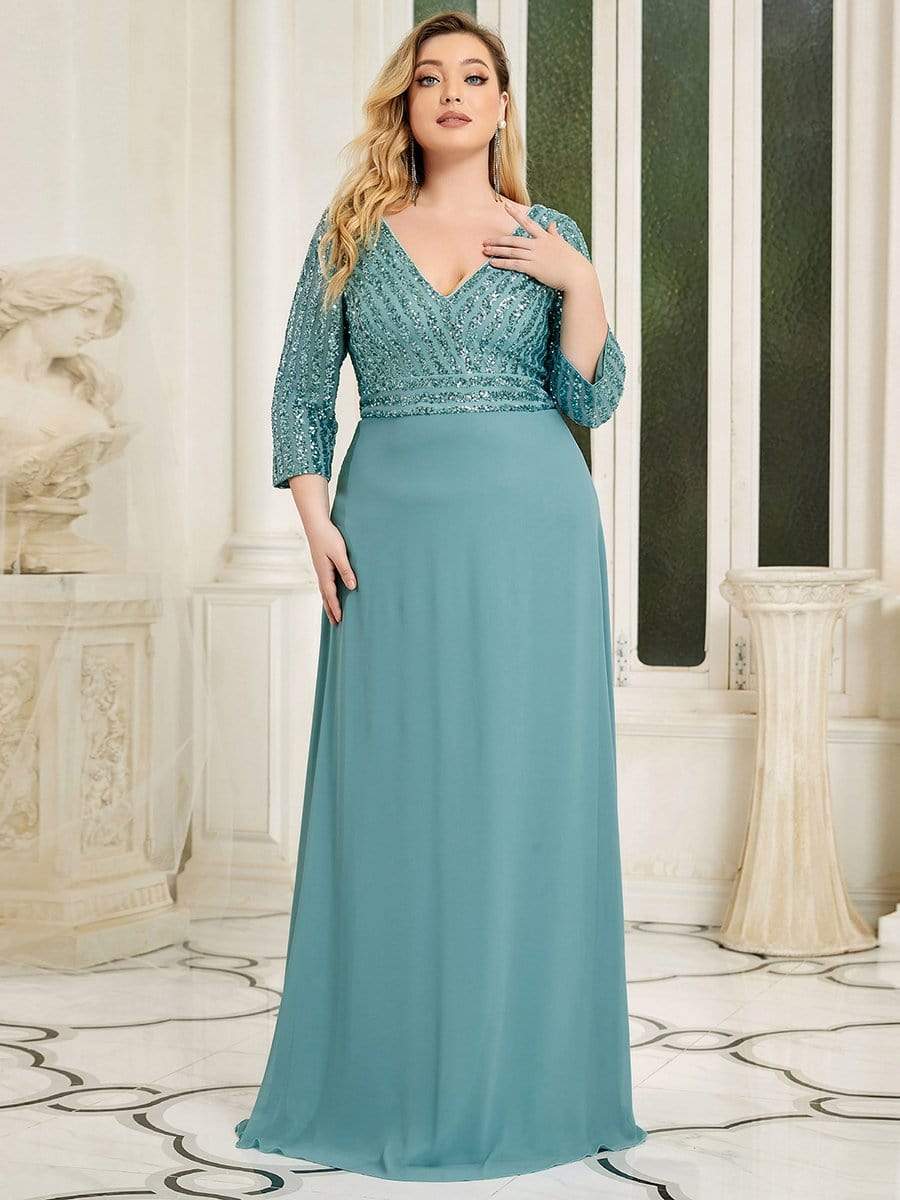 Plus Size V Neck Sequined Dress #color_Light Teal