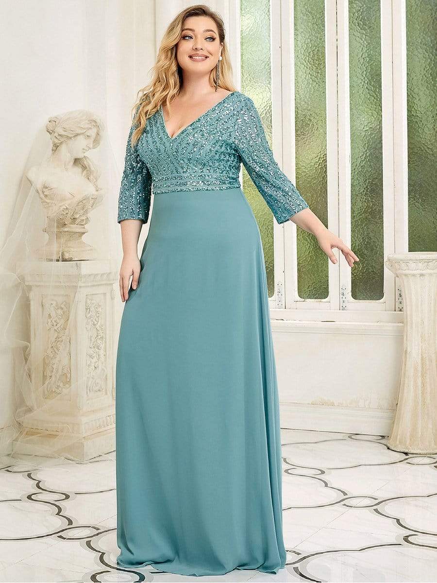 Plus Size V Neck Sequined Dress #color_Light Teal