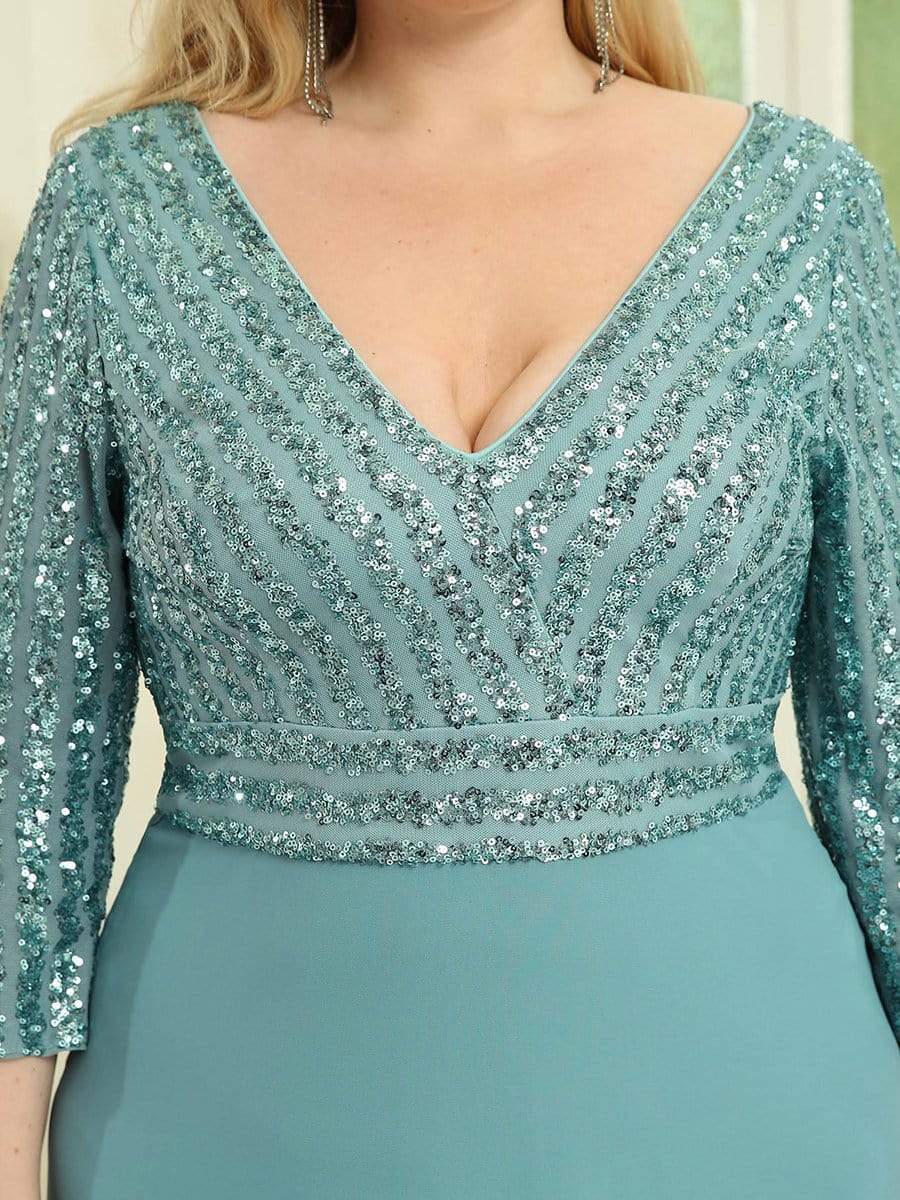 Plus Size V Neck Sequined Dress #color_Light Teal