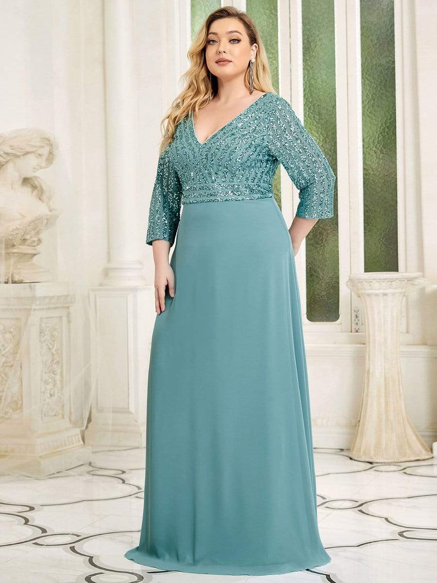 Plus Size V Neck Sequined Dress #color_Light Teal