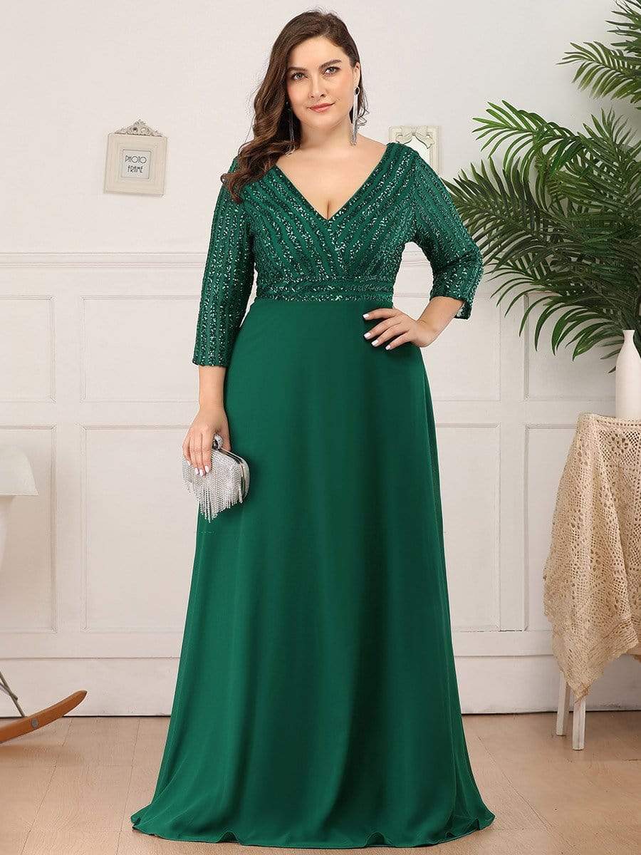 Plus Size V Neck Sequined Dress #color_Dark Green