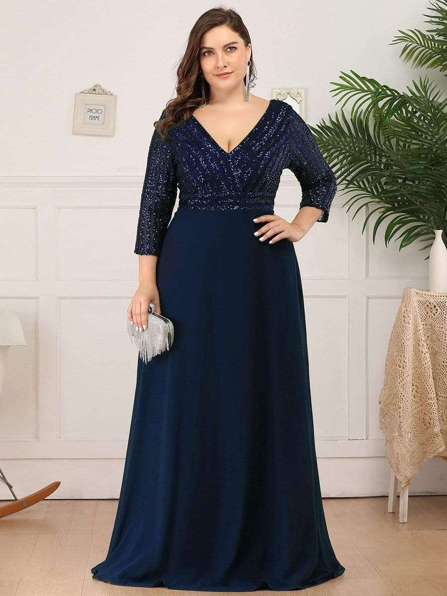 Plus Size V Neck Sequined Dress #color_Navy Blue