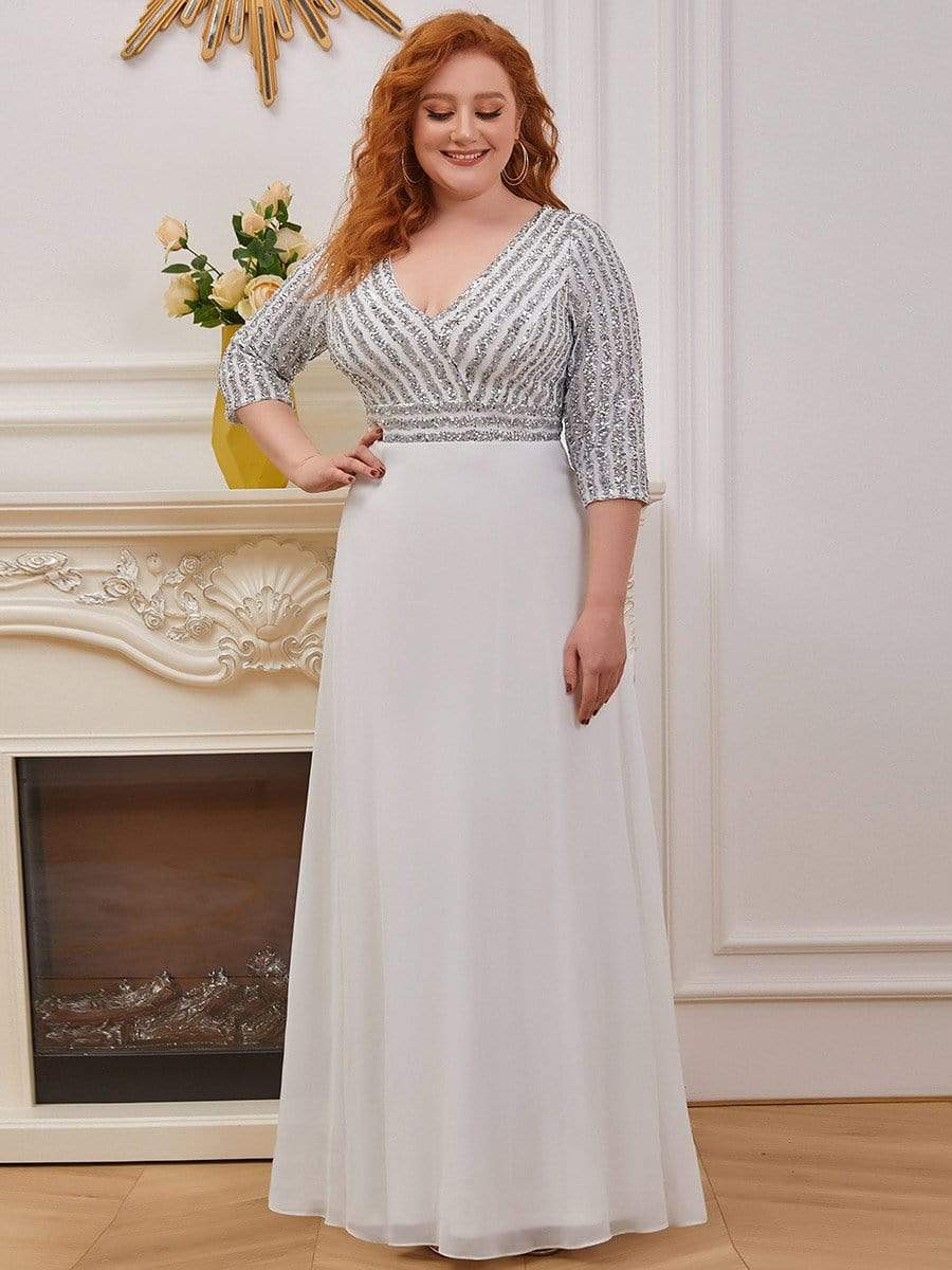 Plus Size V Neck Sequined Dress #color_White