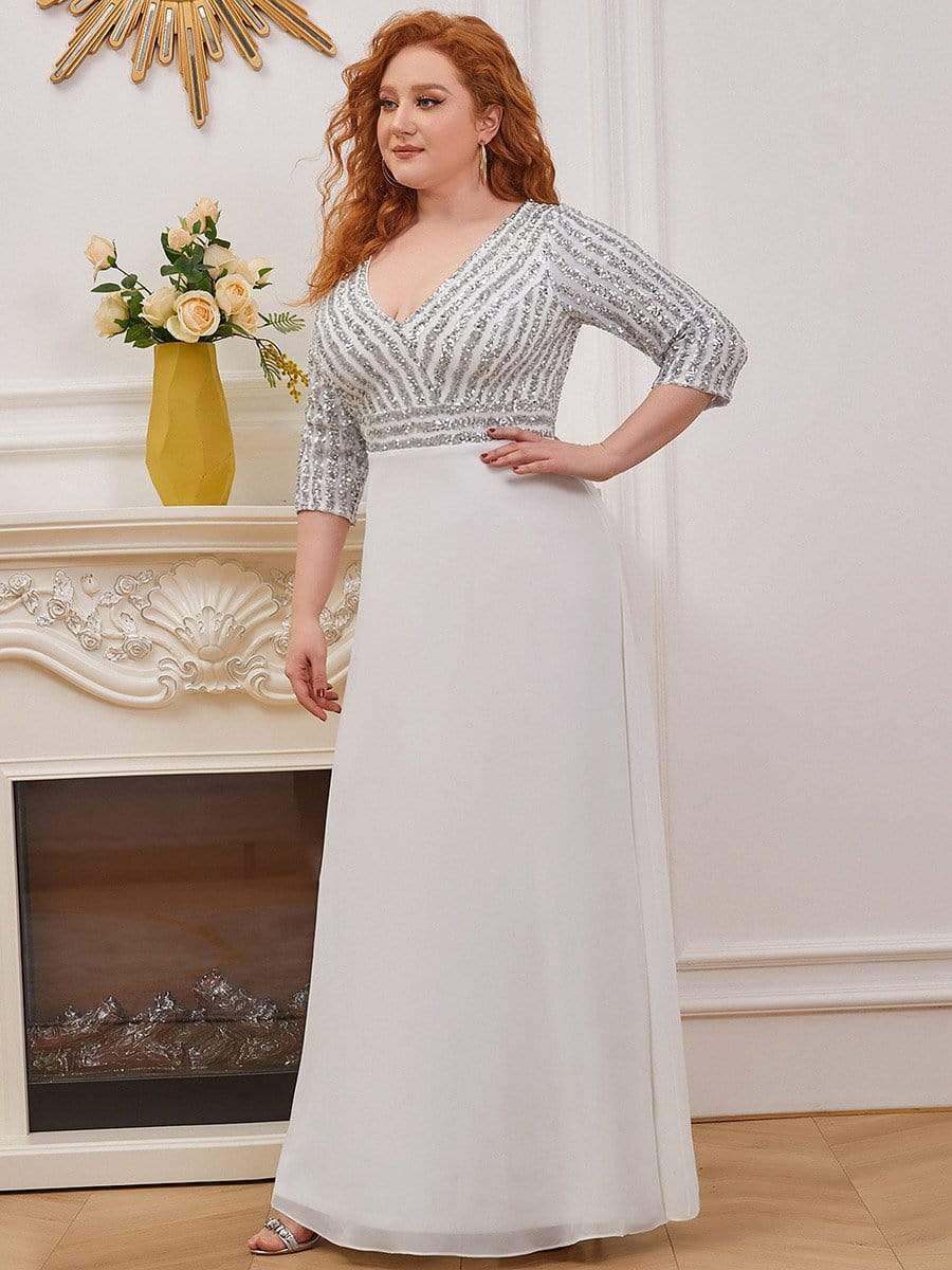 Plus Size V Neck Sequined Dress #color_White