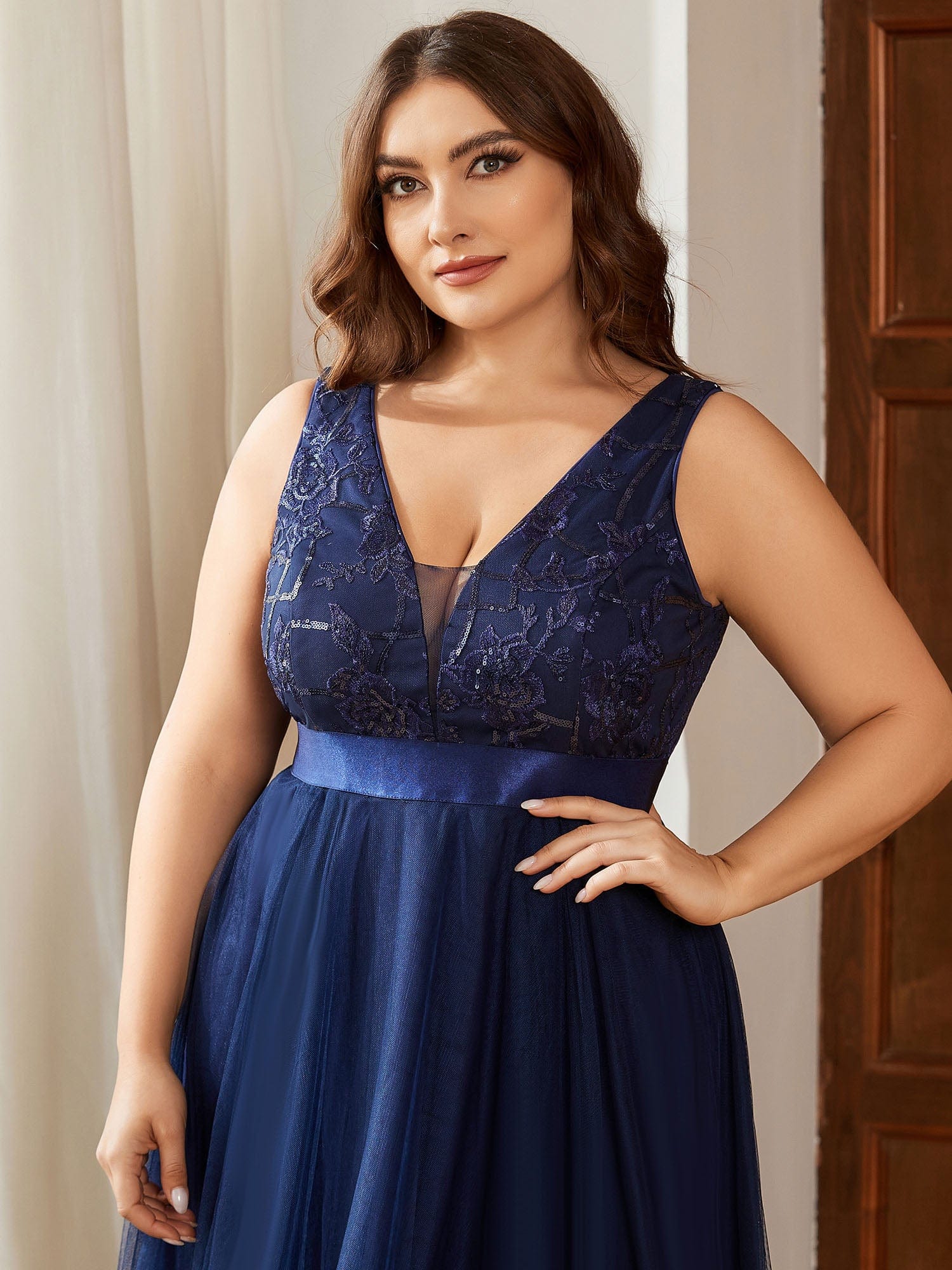 Plus Size Sequined Tulle Dress #color_Navy Blue