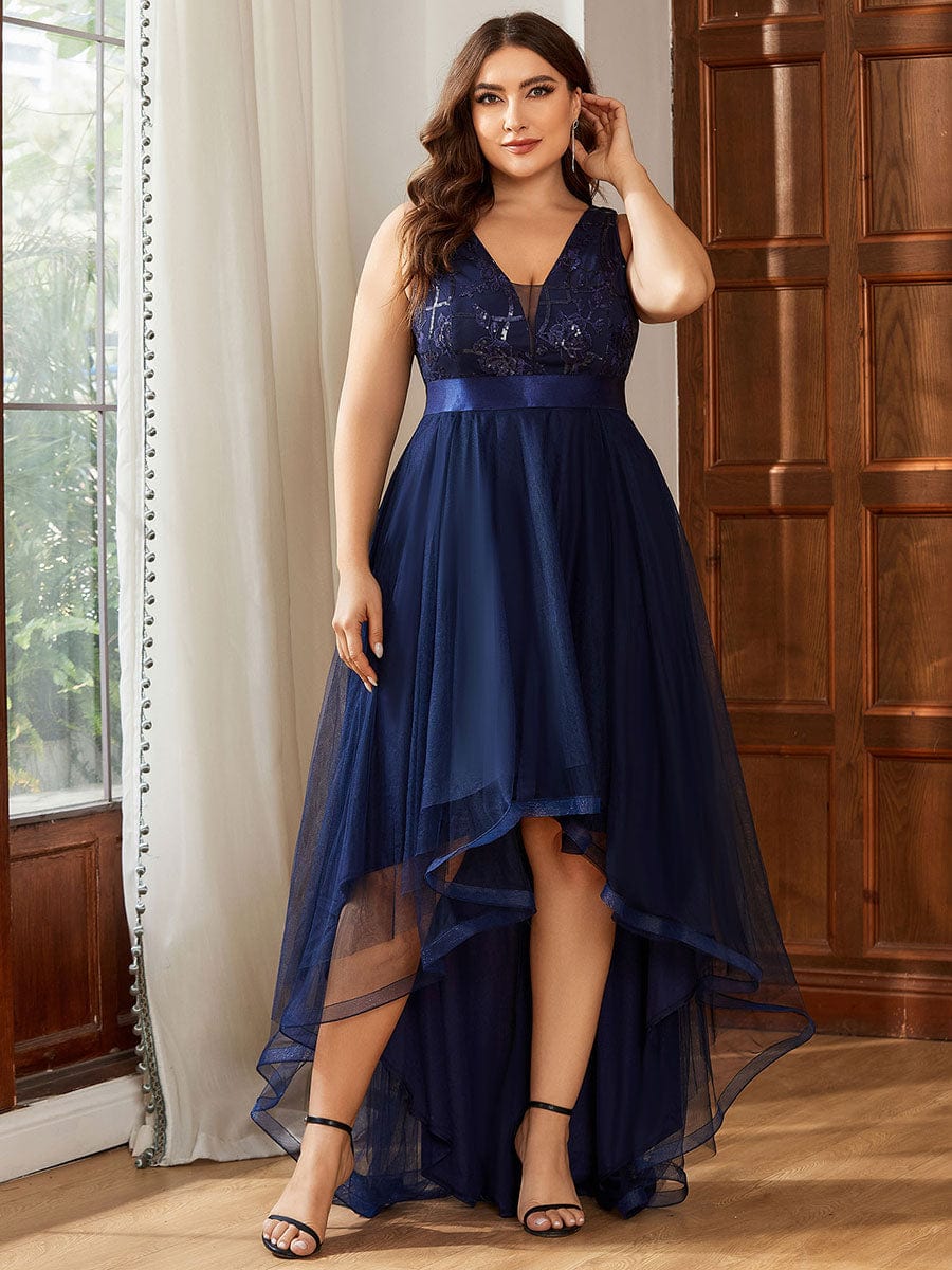 Plus Size Sequined Tulle Dress #color_Navy Blue