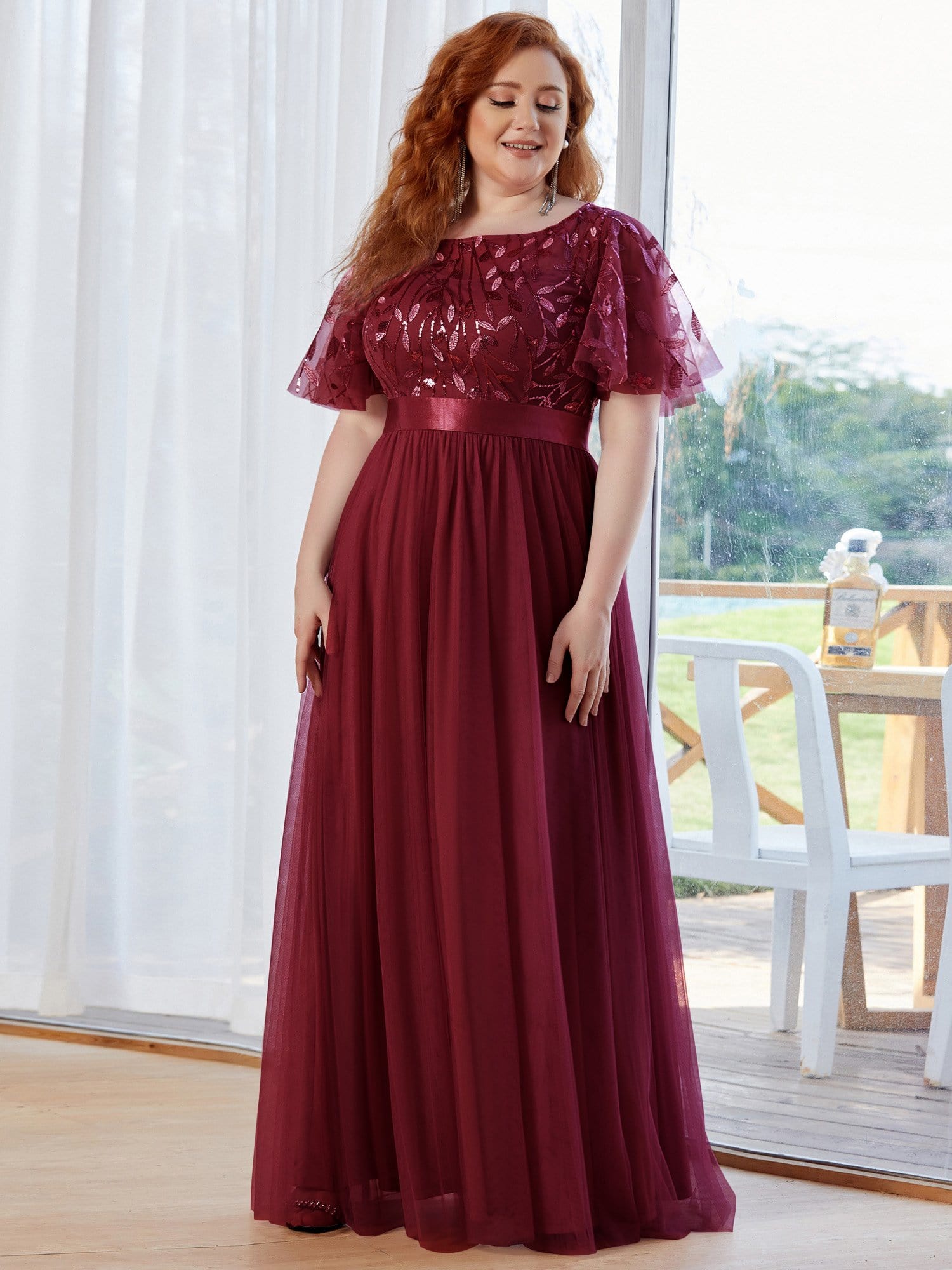 Plus Size Sequined Tulle Maxi Dress with Satin Waist Accent #color_Burgundy