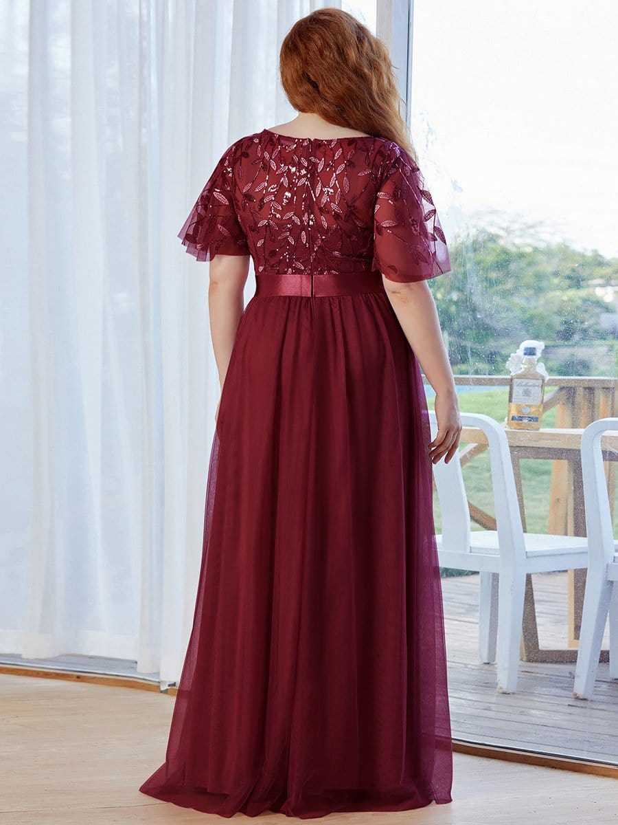 Plus Size Sequined Tulle Maxi Dress with Satin Waist Accent #color_Burgundy