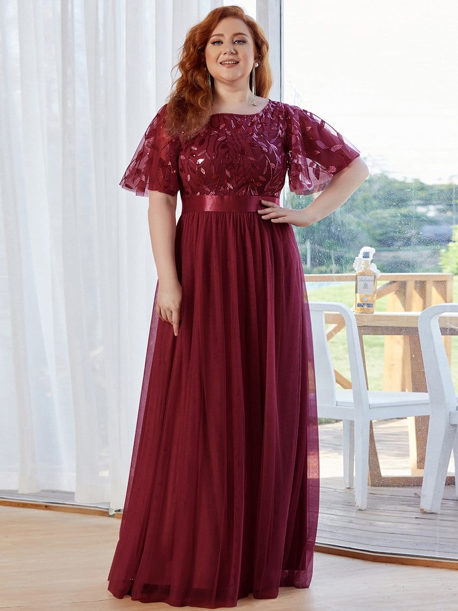 Plus Size Sequined Tulle Maxi Dress with Satin Waist Accent #color_Burgundy