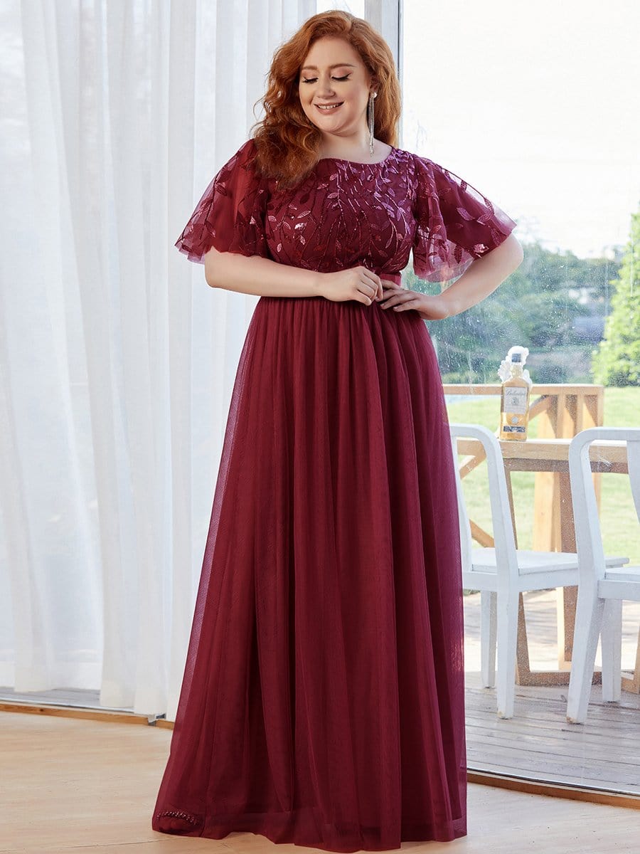 Plus Size Sequined Tulle Maxi Dress with Satin Waist Accent #color_Burgundy