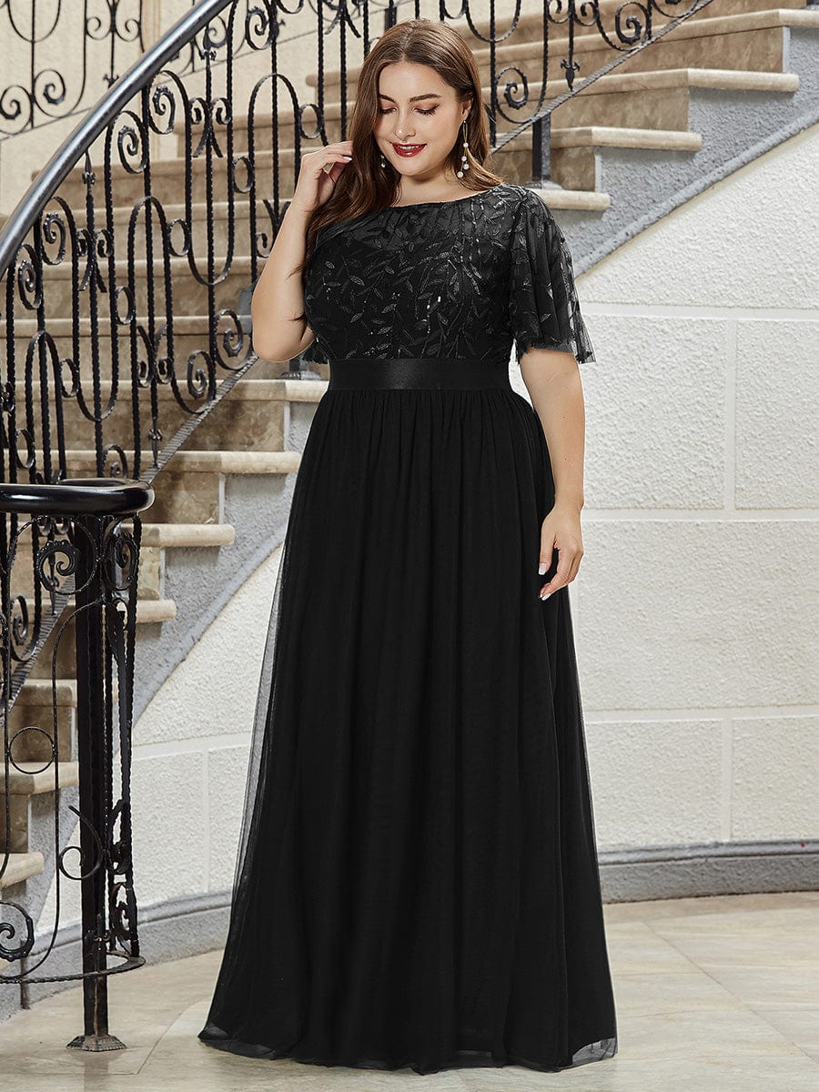 Plus Size Sequined Tulle Maxi Dress with Satin Waist Accent #color_Black