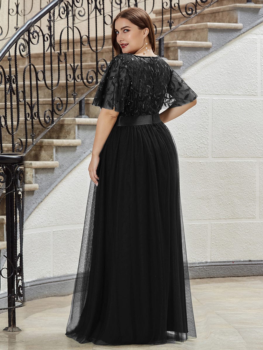 Plus Size Sequined Tulle Maxi Dress with Satin Waist Accent #color_Black