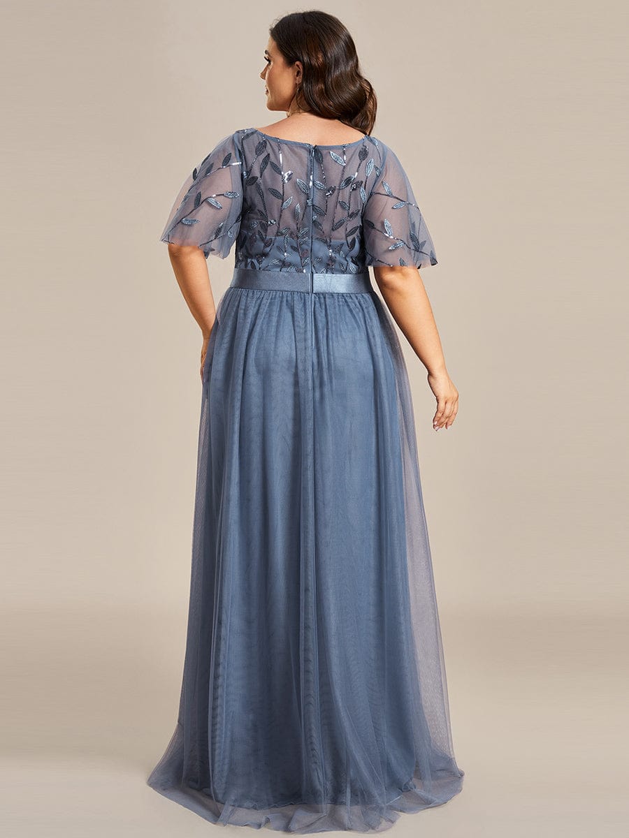 Plus Size Sequined Tulle Maxi Dress with Satin Waist Accent #color_Dusty Blue