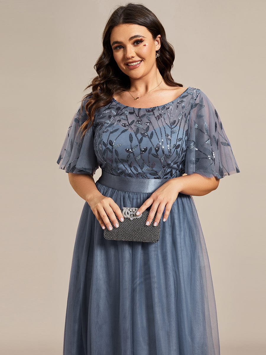 Plus Size Sequined Tulle Maxi Dress with Satin Waist Accent #color_Dusty Blue