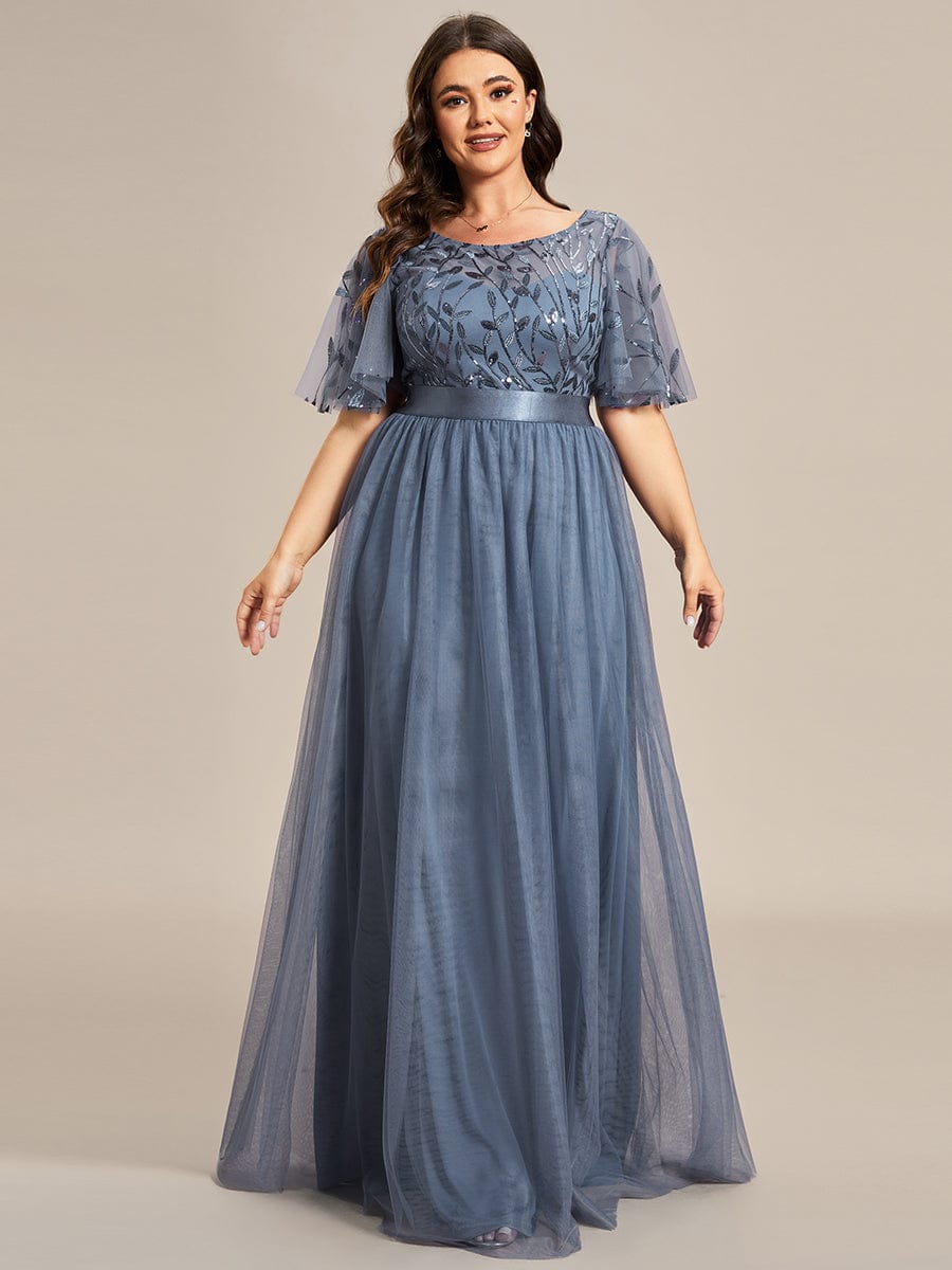 Plus Size Sequined Tulle Maxi Dress with Satin Waist Accent #color_Dusty Blue