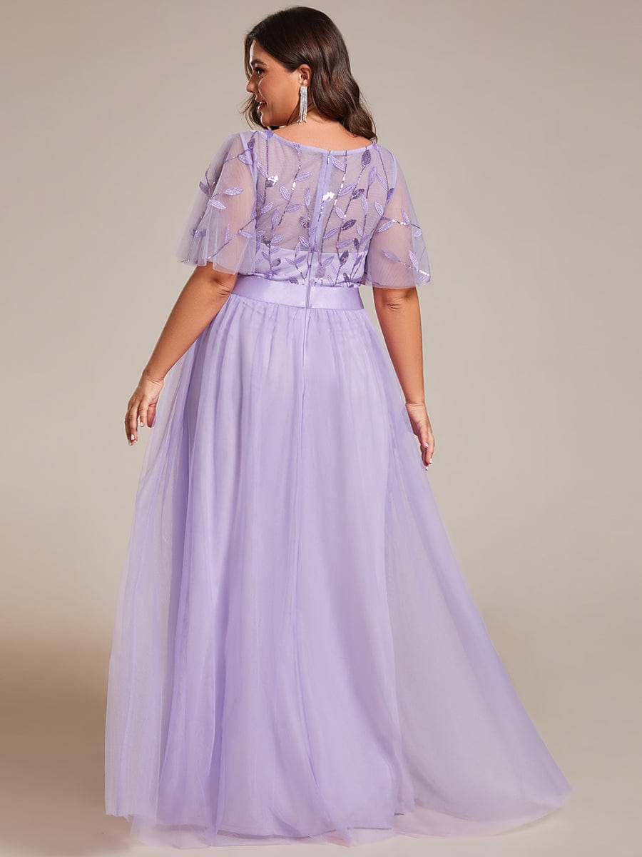 Plus Size Sequined Tulle Maxi Dress with Satin Waist Accent #color_Lavender