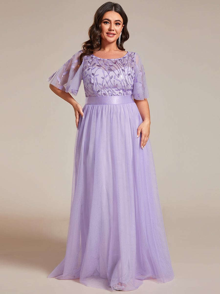 Plus Size Sequined Tulle Maxi Dress with Satin Waist Accent #color_Lavender