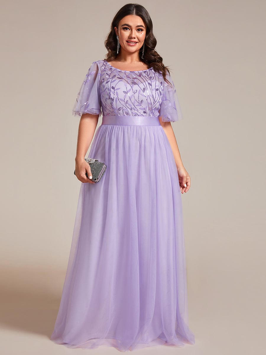 Plus Size Sequined Tulle Maxi Dress with Satin Waist Accent #color_Lavender