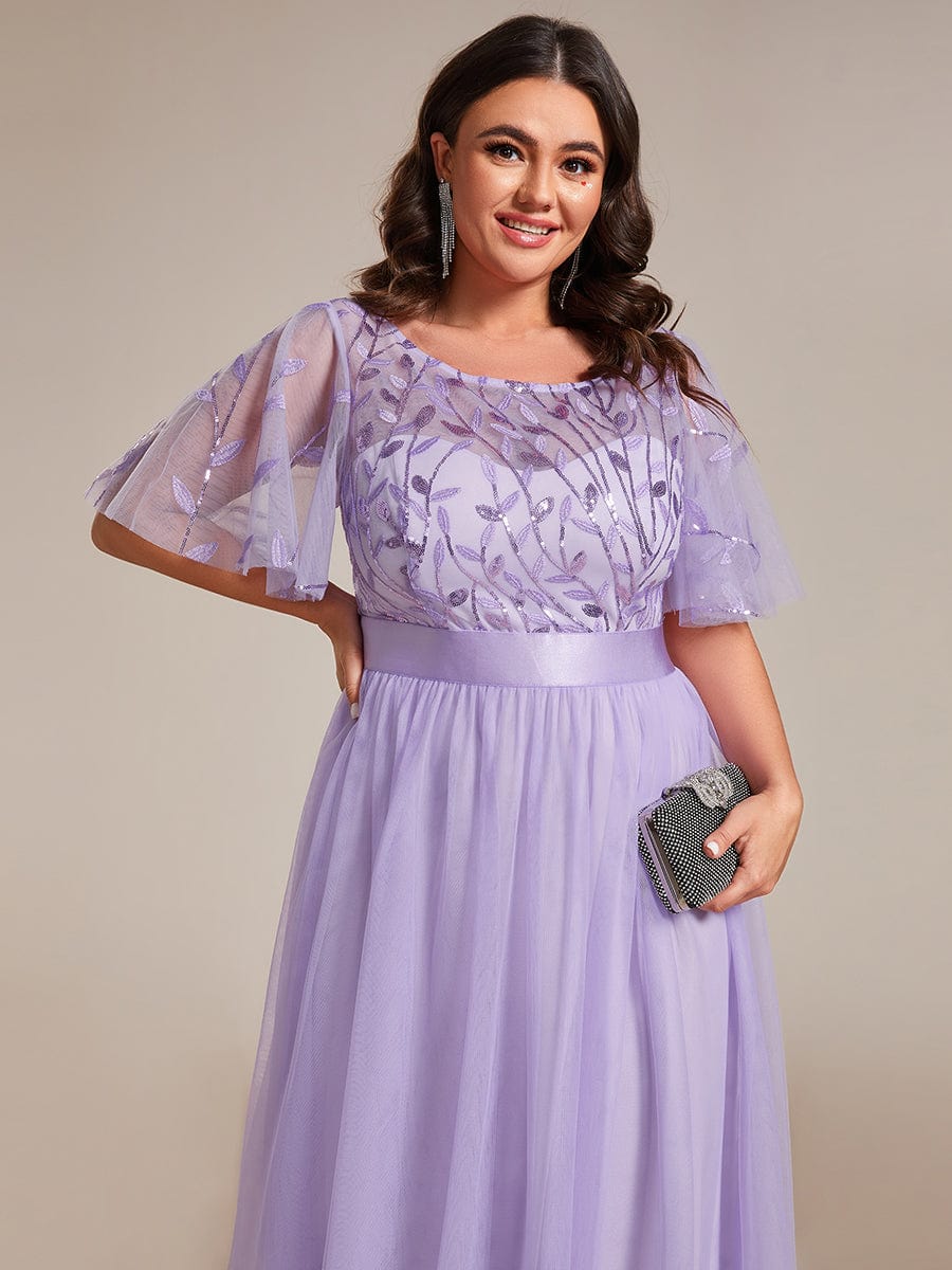 Plus Size Sequined Tulle Maxi Dress with Satin Waist Accent #color_Lavender