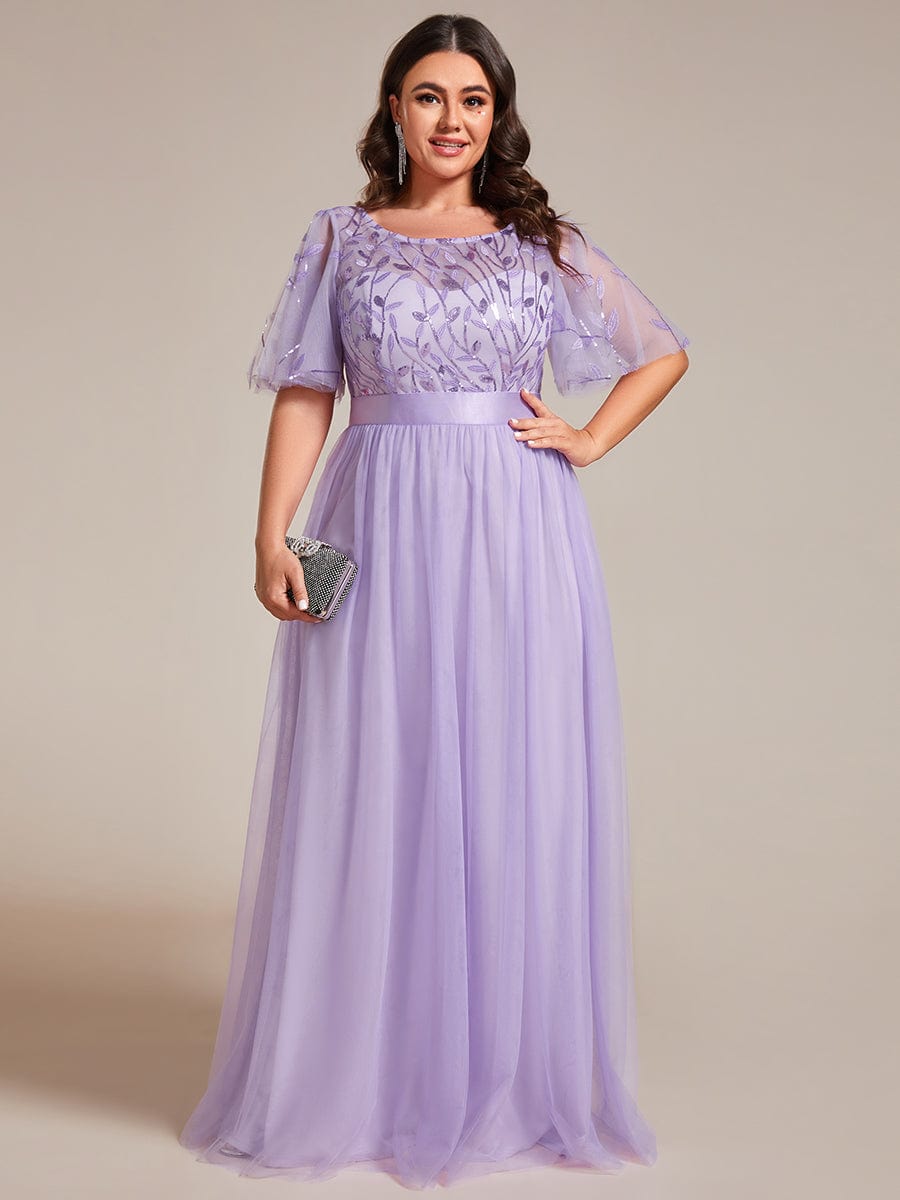 Plus Size Sequined Tulle Maxi Dress with Satin Waist Accent #color_Lavender