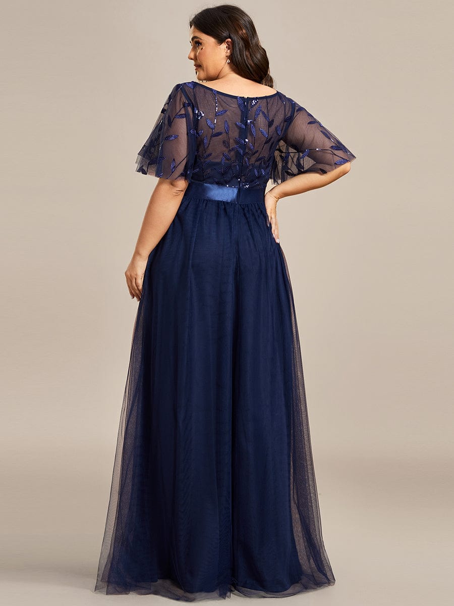 Plus Size Sequined Tulle Maxi Dress with Satin Waist Accent #color_Navy Blue