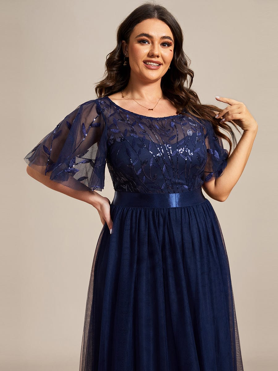 Plus Size Sequined Tulle Maxi Dress with Satin Waist Accent #color_Navy Blue