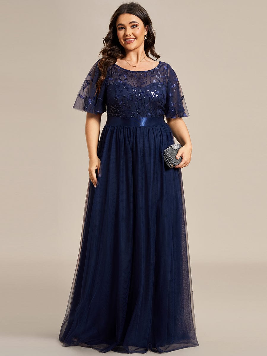 Plus Size Sequined Tulle Maxi Dress with Satin Waist Accent #color_Navy Blue