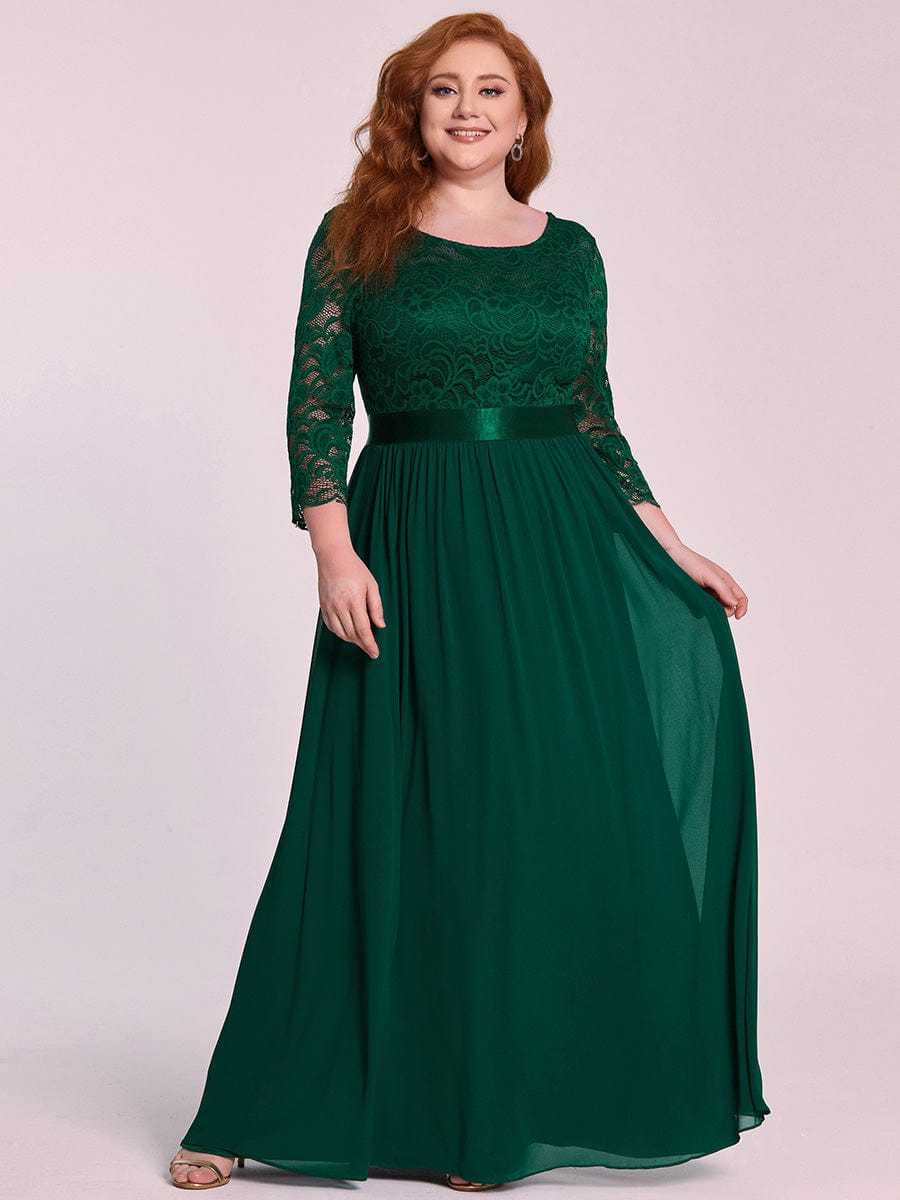 Plus Size 3/4 Sleeve Lace Dress #color_Dark Green