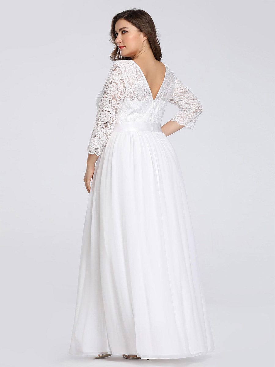 Plus Size 3/4 Sleeve Lace Dress #color_White