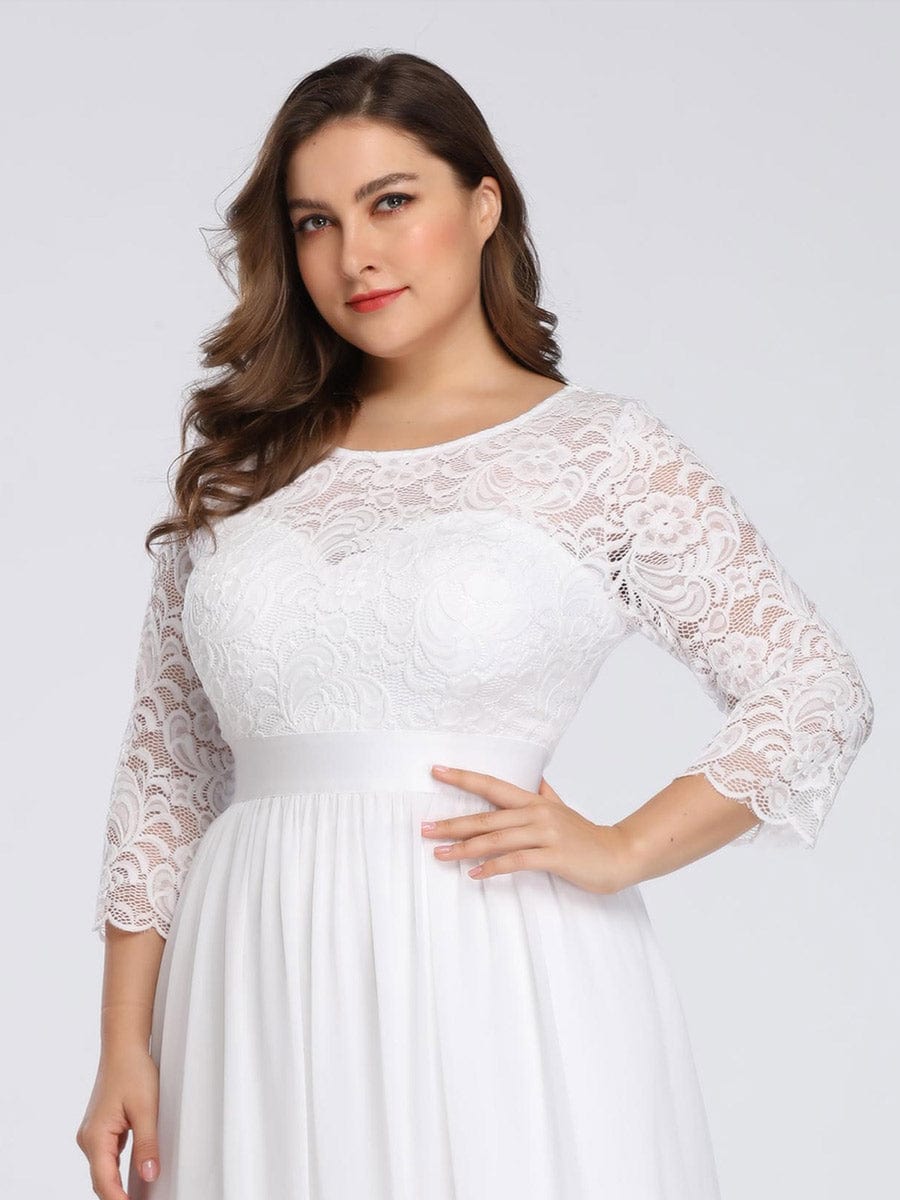 Plus Size 3/4 Sleeve Lace Dress #color_White