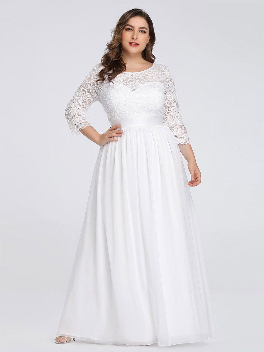 Plus Size 3/4 Sleeve Lace Dress #color_White