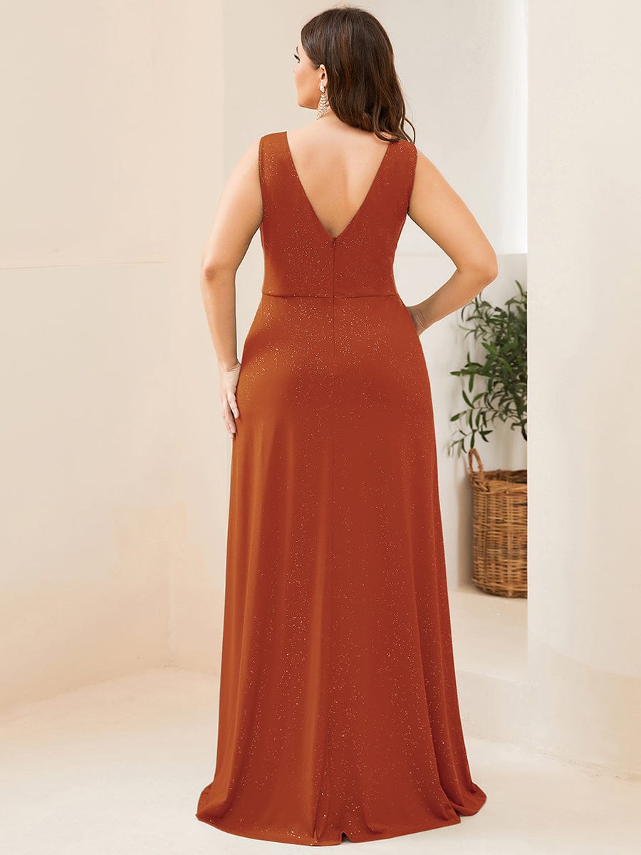 Plus Size Shiny V Neck Side Slit Maxi Dress #color_Burnt Orange