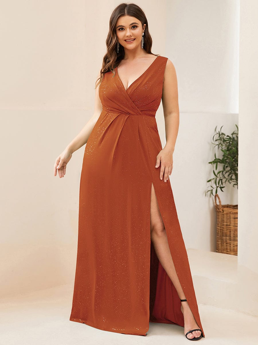 Plus Size Shiny V Neck Side Slit Maxi Dress #color_Burnt Orange