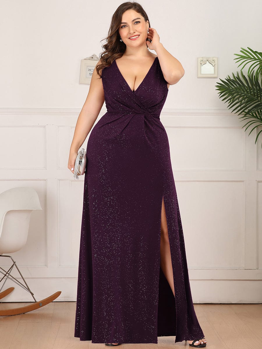 Plus Size Shiny V Neck Side Slit Maxi Dress #color_Dark Purple