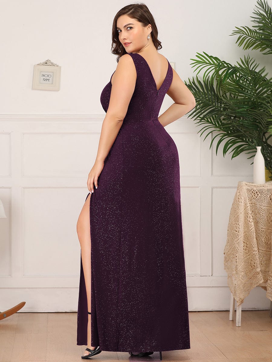 Plus Size Shiny V Neck Side Slit Maxi Dress #color_Dark Purple