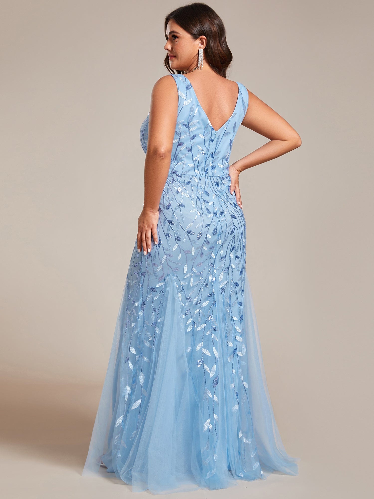 Plus Size V-Neck Sequin Bodycon Tulle Maxi Dress #color_Sky Blue