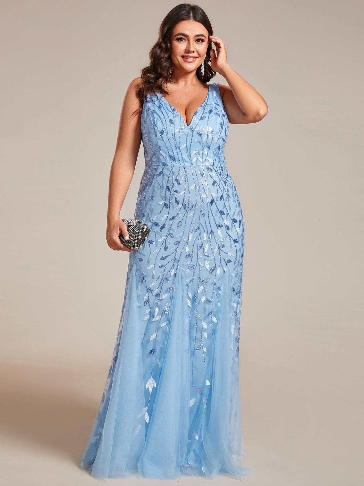 Plus Size V-Neck Sequin Bodycon Tulle Maxi Dress #color_Sky Blue