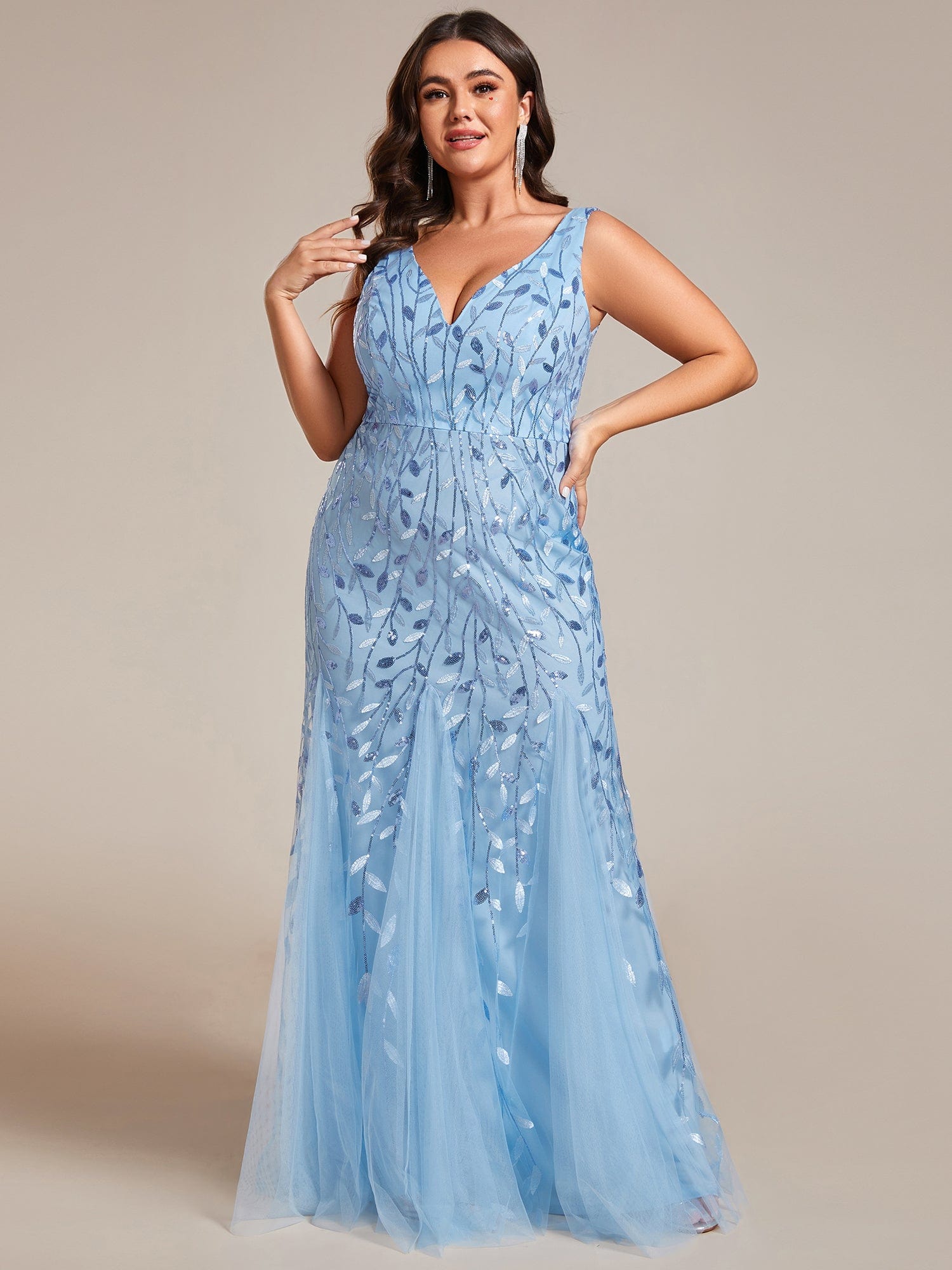 Plus Size V-Neck Sequin Bodycon Tulle Maxi Dress #color_Sky Blue