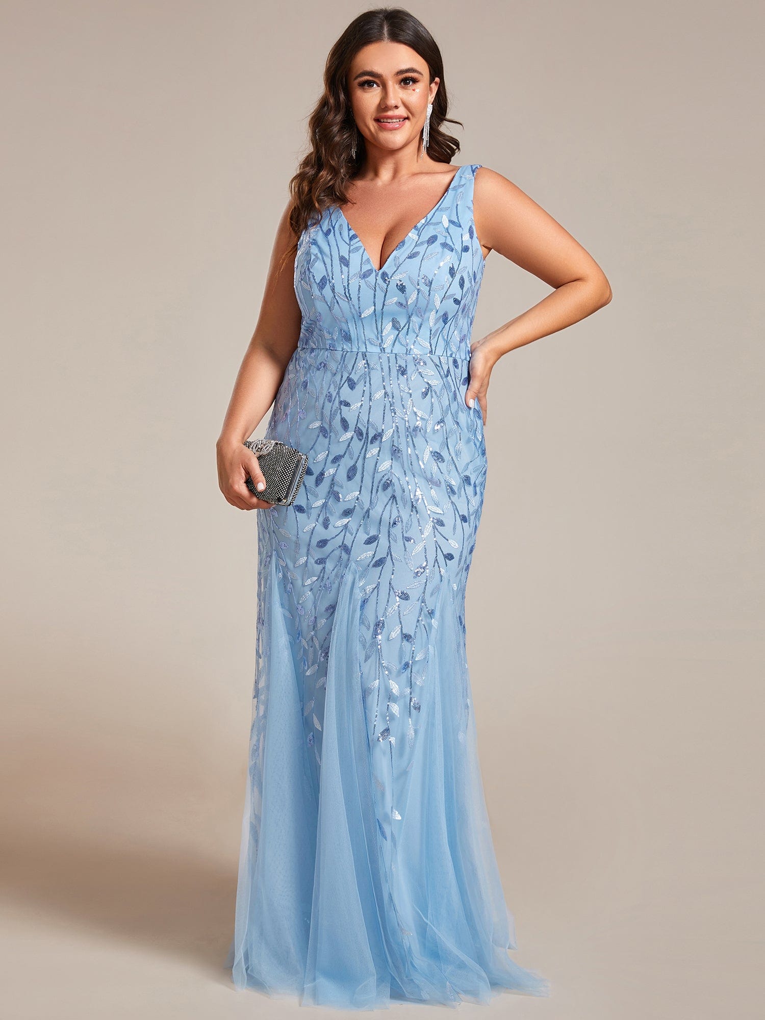 Plus Size V-Neck Sequin Bodycon Tulle Maxi Dress #color_Sky Blue