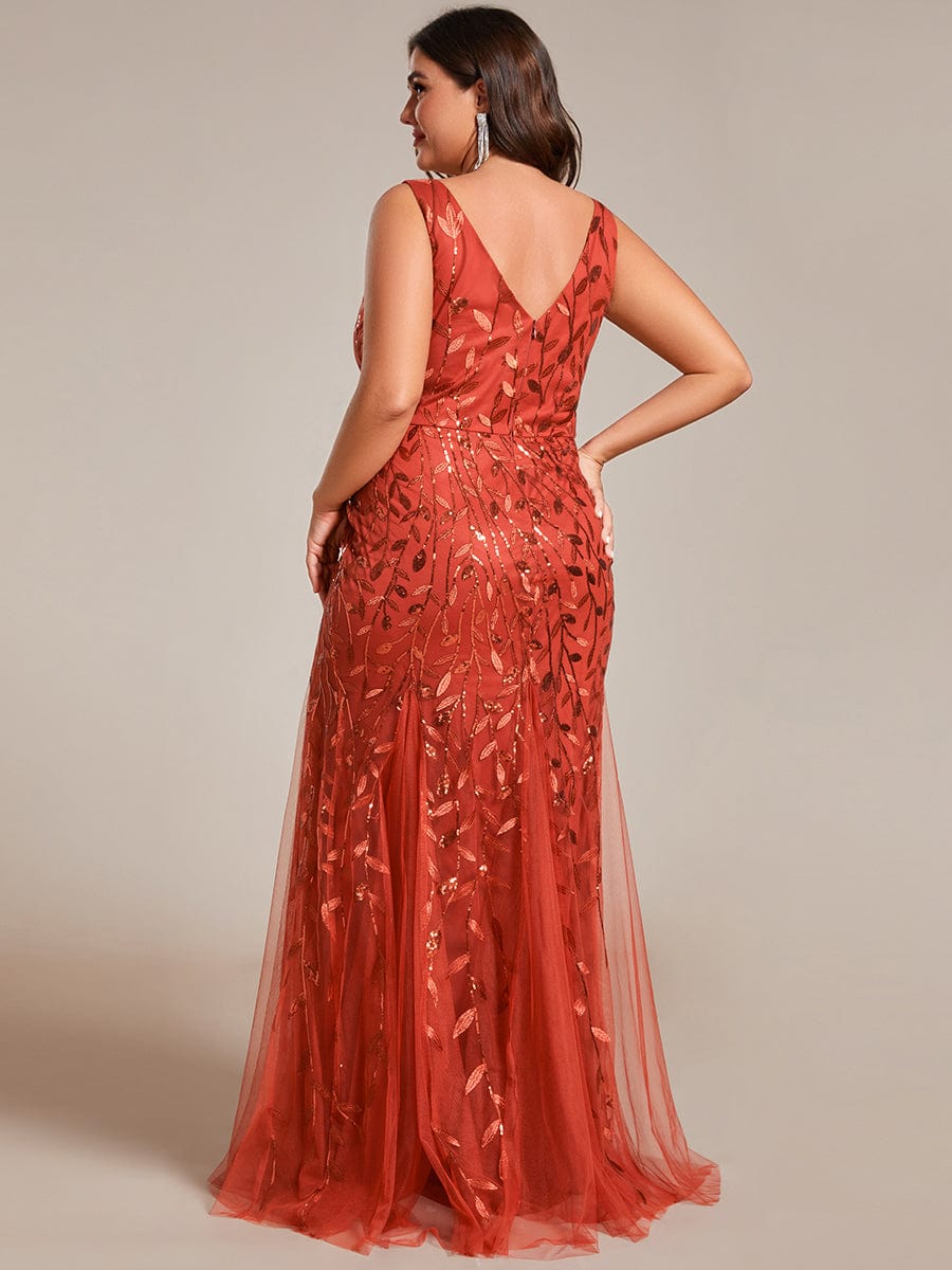 Plus Size V-Neck Sequin Bodycon Tulle Maxi Dress #color_Burnt Orange