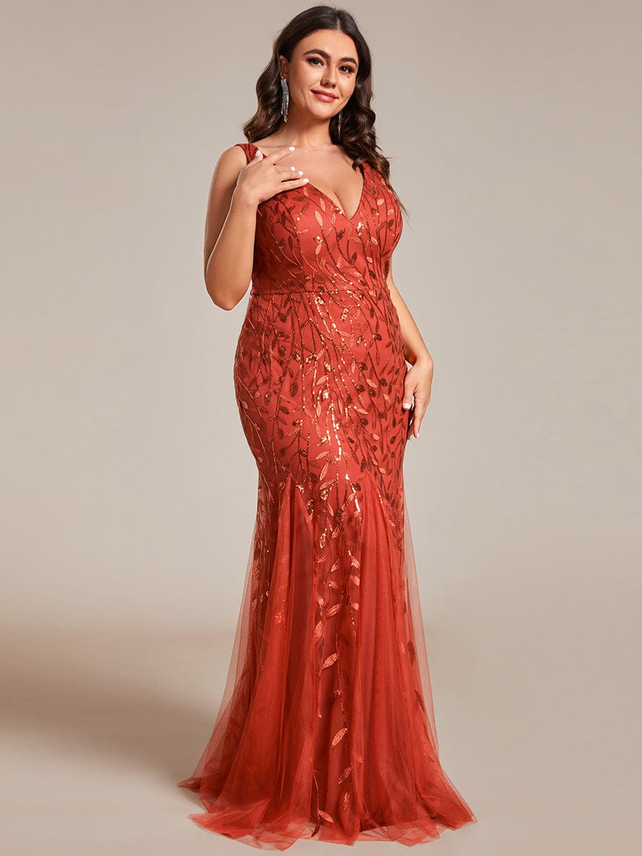 Plus Size V-Neck Sequin Bodycon Tulle Maxi Dress #color_Burnt Orange